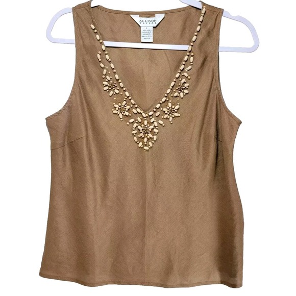 Allison Taylor Tops - Allison Taylor Linen Tank‎ Top Womens L Beaded Sequin Tank Top Neutral Natural